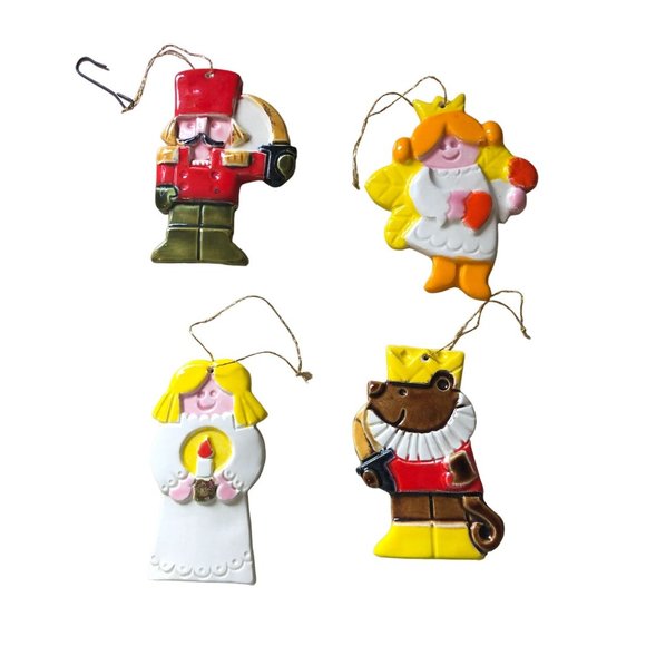 Christmas Tree Ceramic Ornaments Vintage Handpainted Angel Bear Nutcracker Decor - Picture 1 of 12